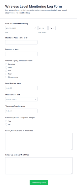 Wireless Level Monitoring Log Form Template