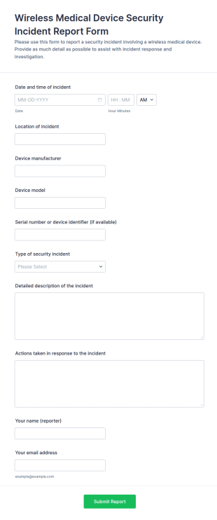 Wireless Medical Device Security Incident Report Form Template