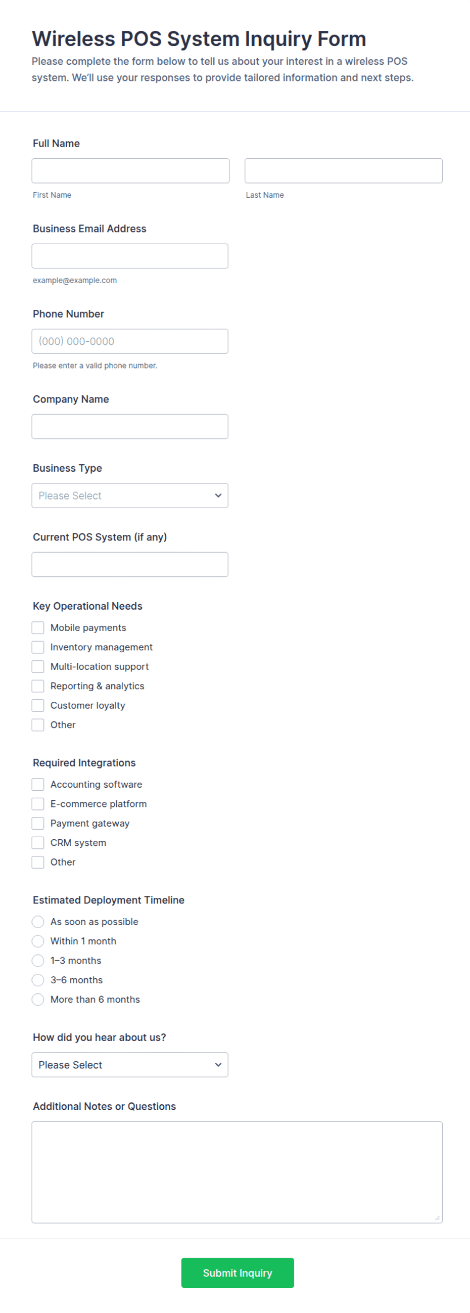 Wireless POS System Inquiry Form Template | Jotform