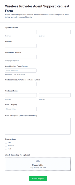 Wireless Provider Agent Support Request Form Template