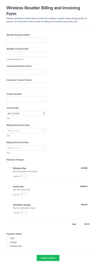 Wireless Reseller Billing And Invoicing Form Template