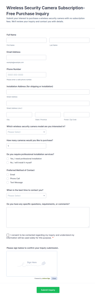 Wireless Security Camera Subscription Free Purchase Inquiry Form Template