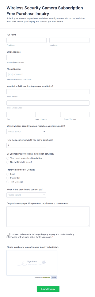 Wireless Security Camera Subscription Free Purchase Inquiry Form Template