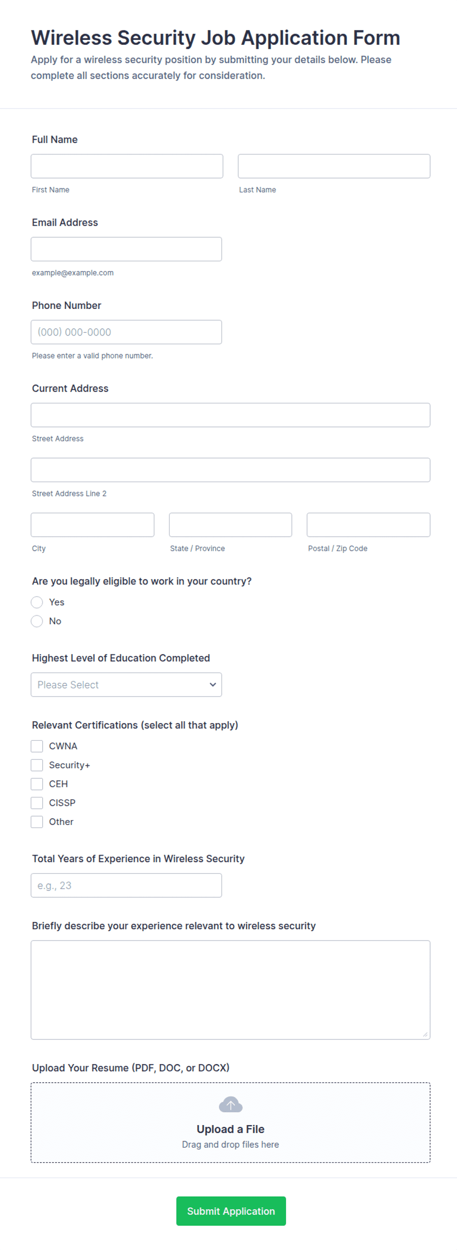 Wireless Security Job Application Form Template | Jotform