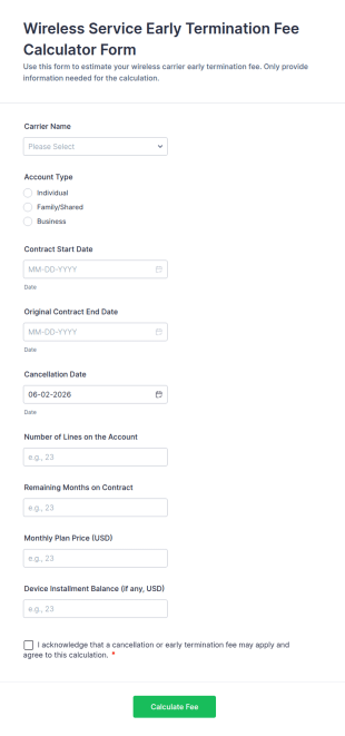 Wireless Service Early Termination Fee Calculator Form Template