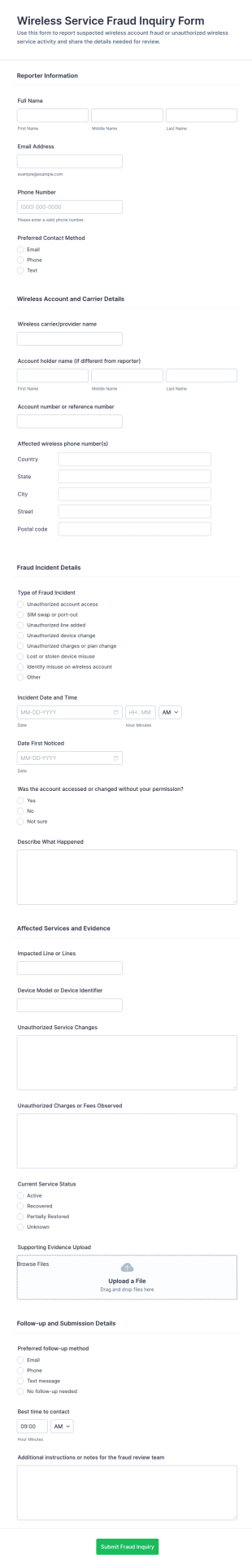 Wireless Service Fraud Inquiry Form Template