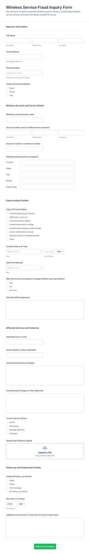 Wireless Service Fraud Inquiry Form Template