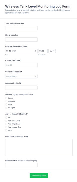 Wireless Tank Level Monitoring Log Form Template