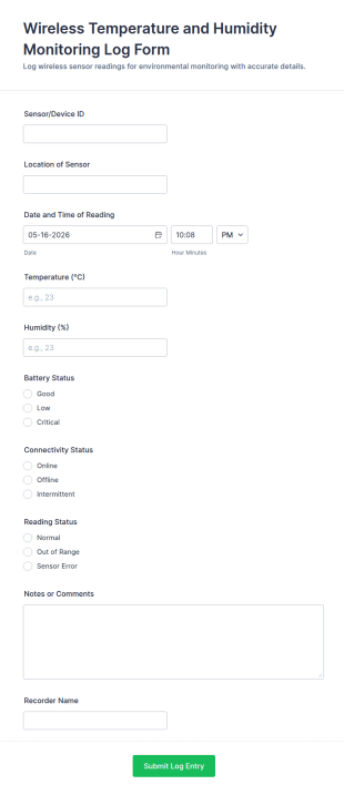 Wireless Temperature And Humidity Monitoring Log Form Template