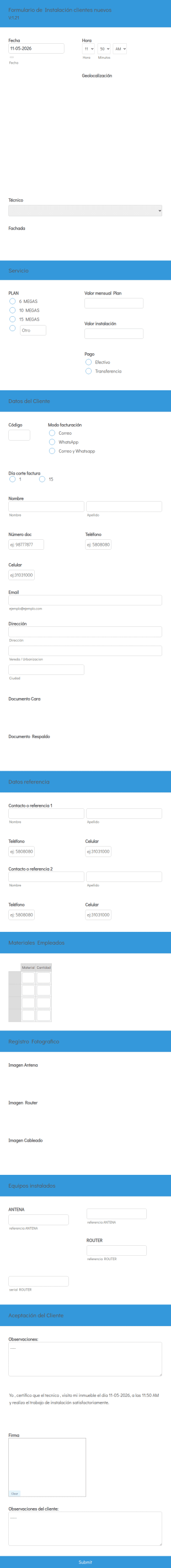 WIRETEL Formulario Instalación