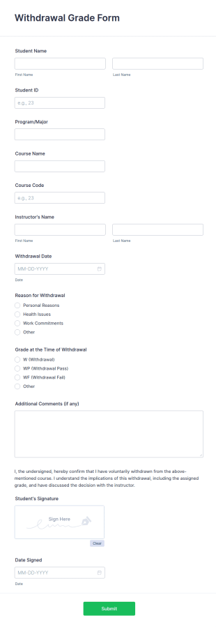 Withdrawal Grade Form Template