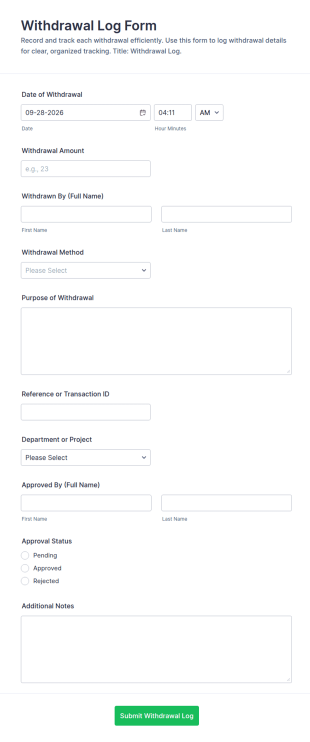 Withdrawal Log Form Template