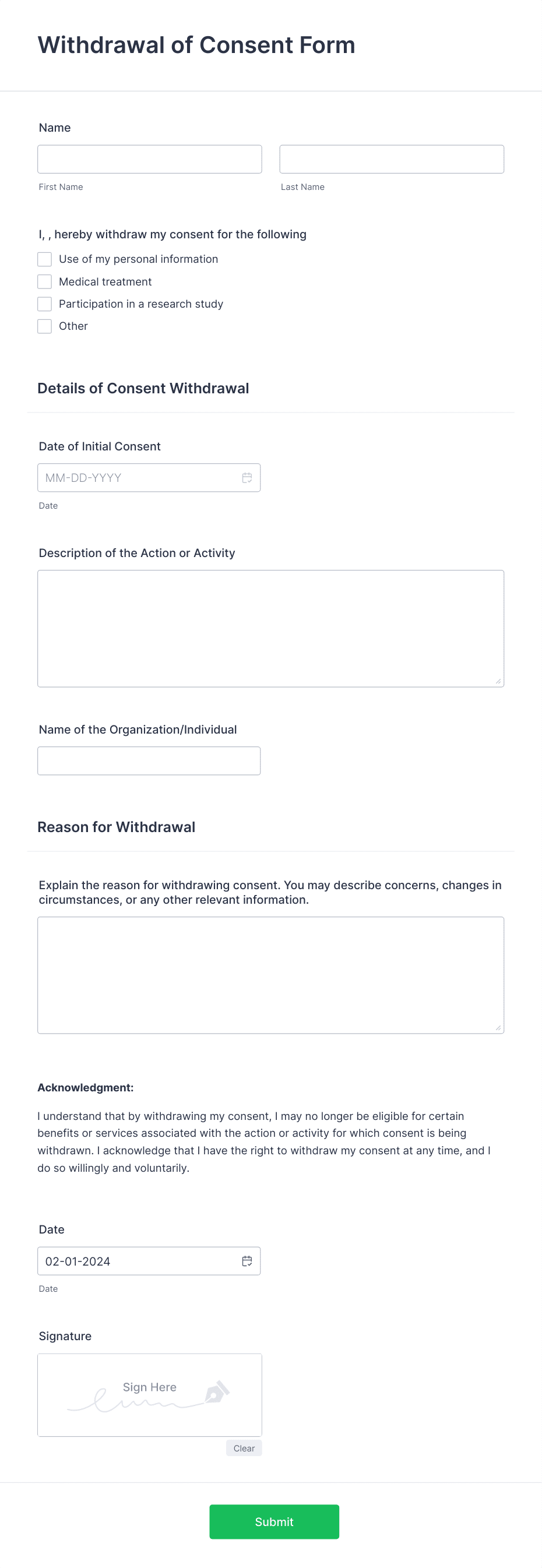 Withdrawal of Consent Form Template | Jotform