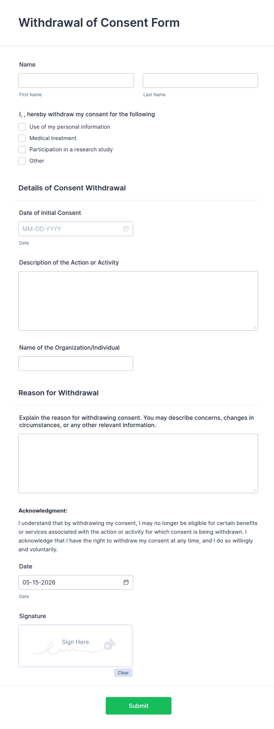 Withdrawal of Consent Form Template | Jotform