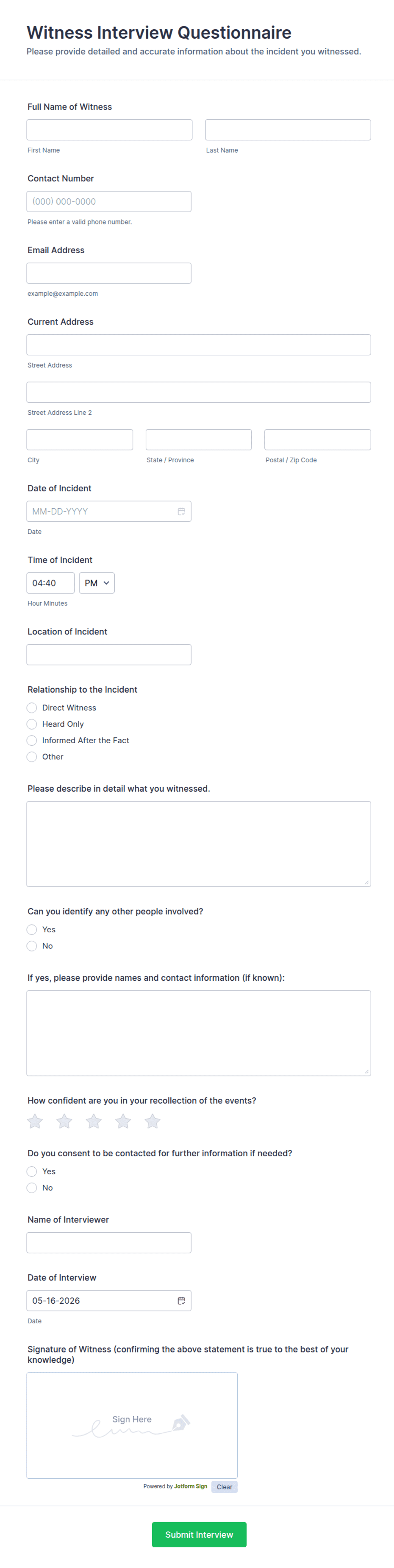Witness Interview Questionnaire Form Template | Jotform