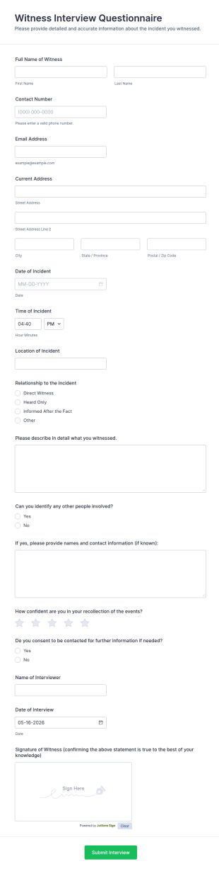 Witness Interview Questionnaire Form Template