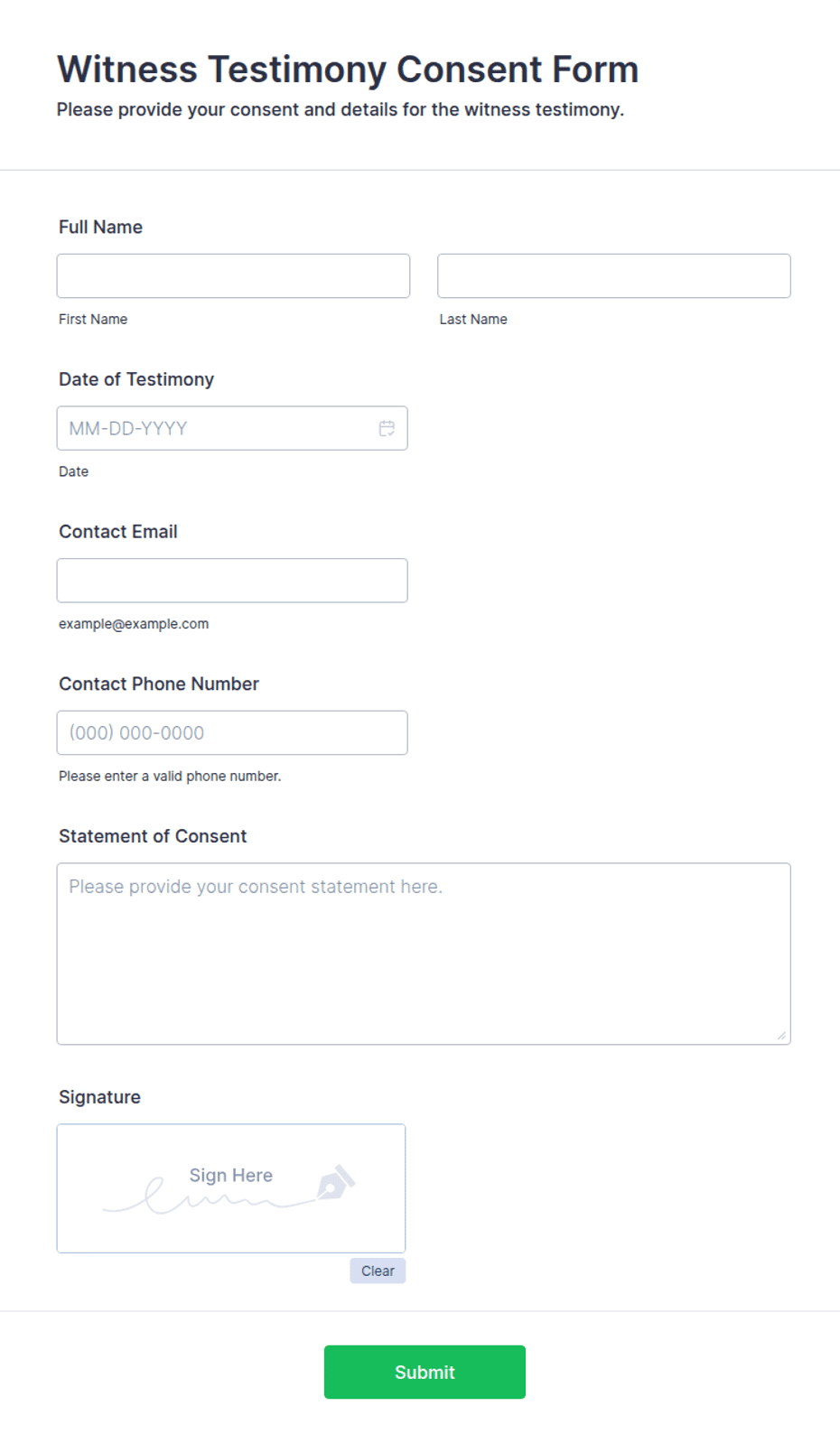Testimony Time Form Witness Testimony Consent Form Template | Jotform