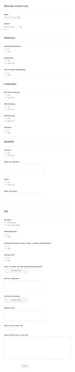 Wochen Checkliste Form Template