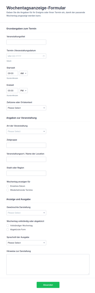 Wochentag Anzeige Formular