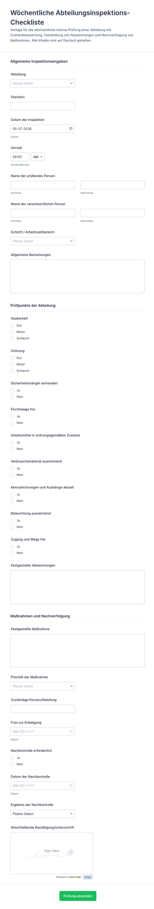 Wöchentliche Abteilungsinspektions Umfrage