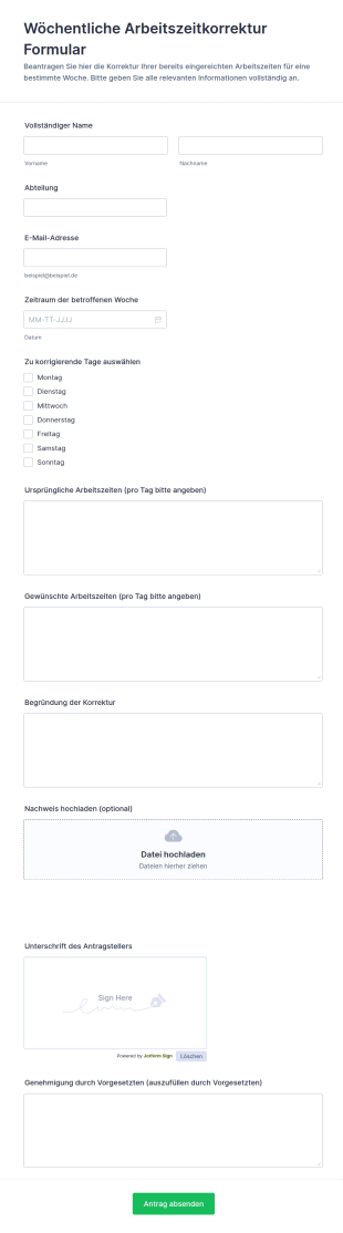Wöchentliche Arbeitszeitkorrektur Formular