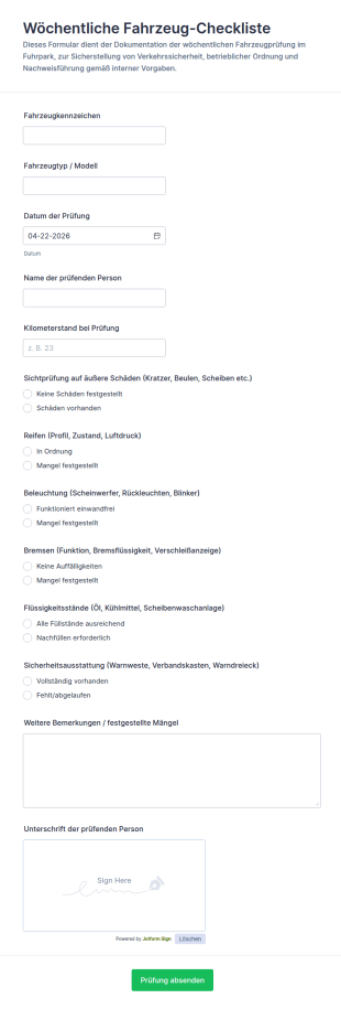 Wöchentliche Fahrzeuginspektions Checkliste 🚗
