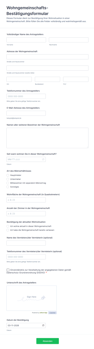 Wohngemeinschafts Bestätigungsformular