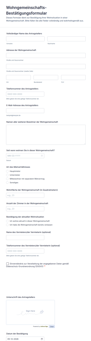 Wohngemeinschafts Bestätigungsformular