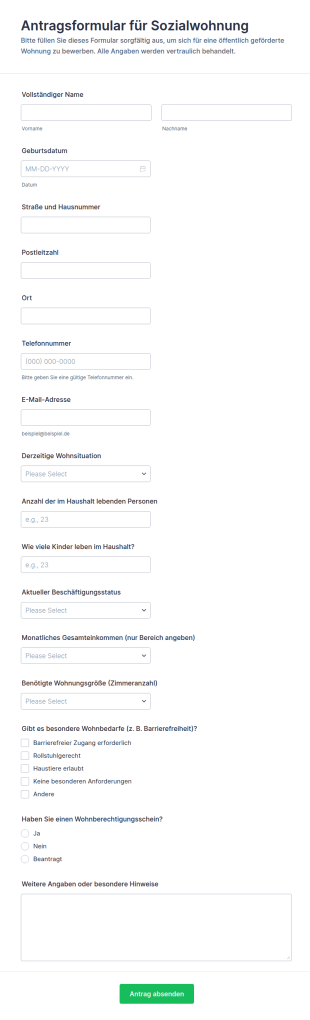 Wohnungsantrag Für öffentlich Geförderten Wohnraum Formular