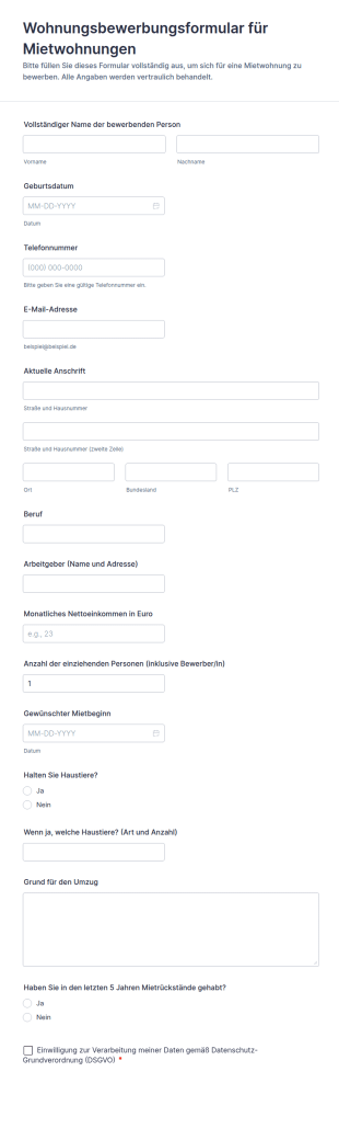 Wohnungsbewerbungsformular Für Mietwohnungen