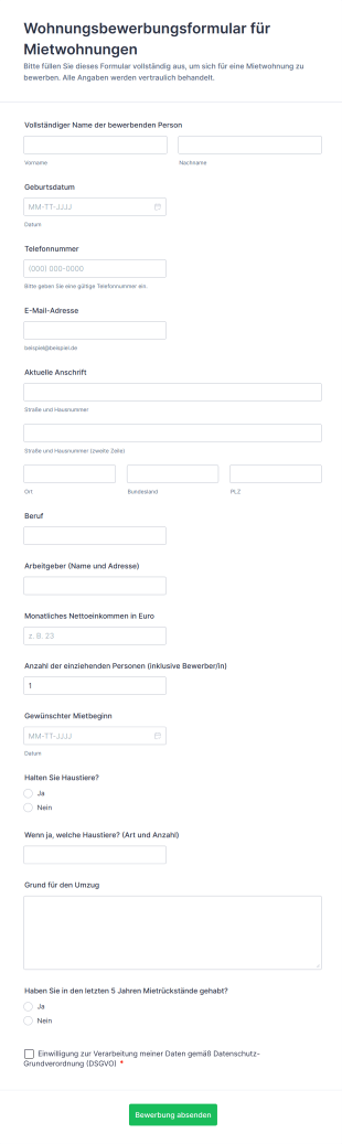 Wohnungsbewerbungsformular Für Mietwohnungen