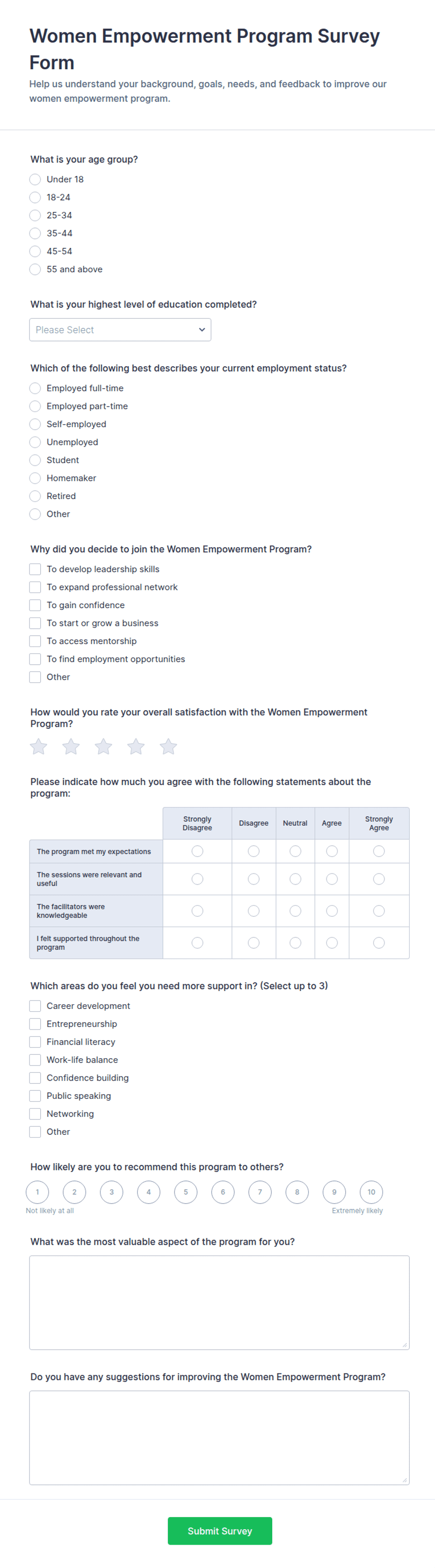 Women Empowerment Program Survey Form Template | Jotform