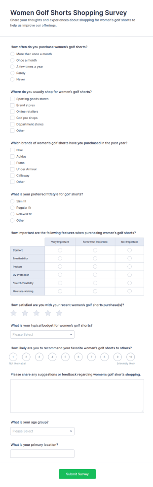 Women Golf Shorts Shopping Survey Form Template