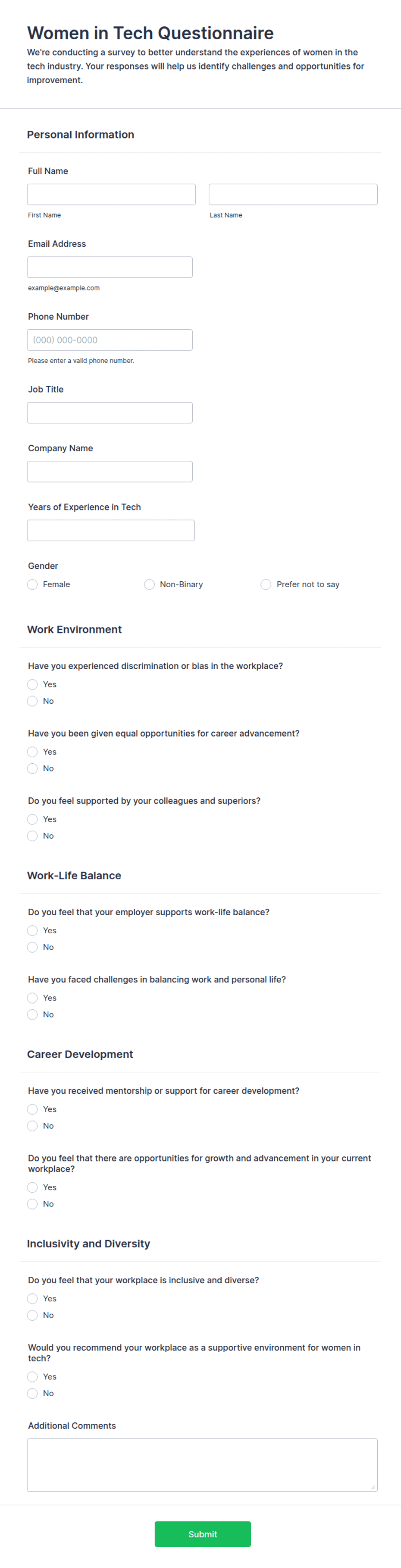 Women in Tech Questionnaire Form Template | Jotform