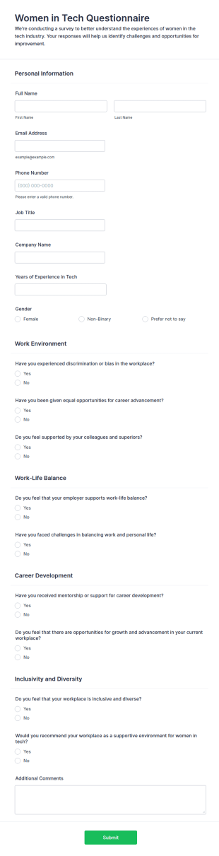 Women In Tech Questionnaire Form Template