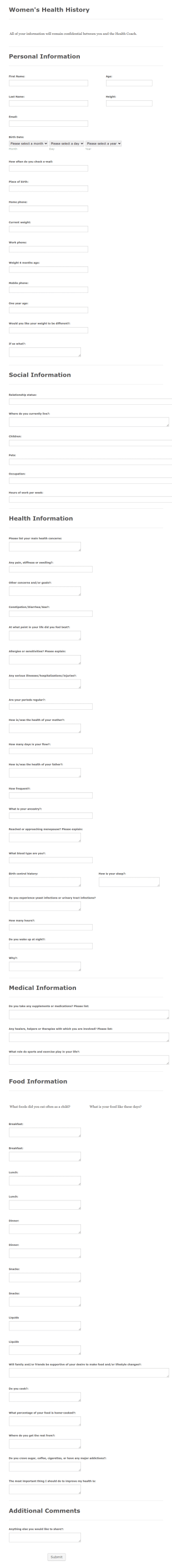 Womens Health History Form Template