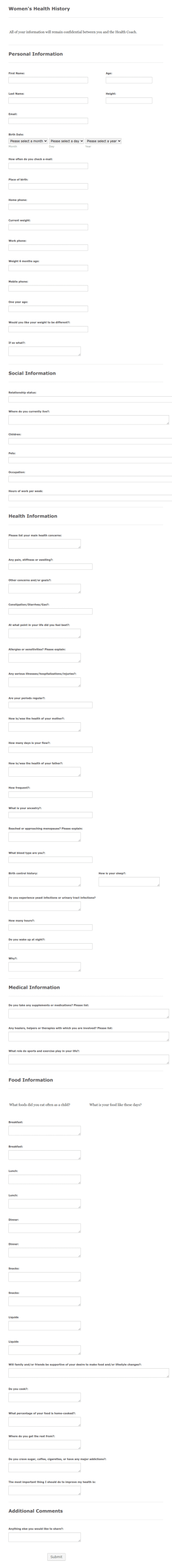 Womens Health History Form Template