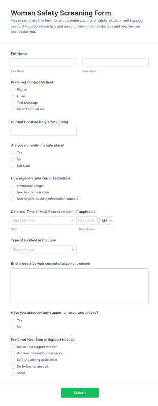 Women Safety Screening Form Template