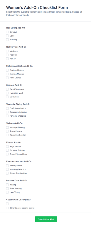 Women’s Add On Checklist Form Template