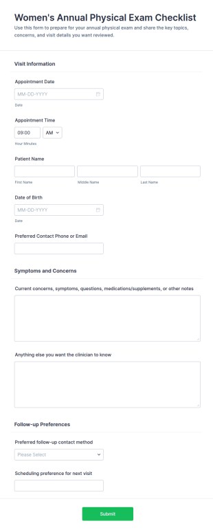 Women's Annual Physical Exam Checklist Form Template