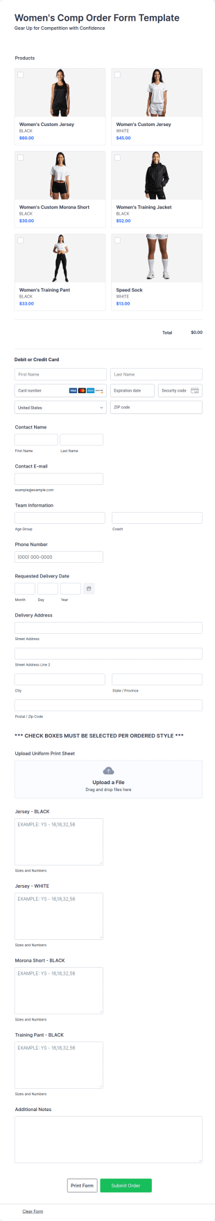 Women's Comp Order Form Template