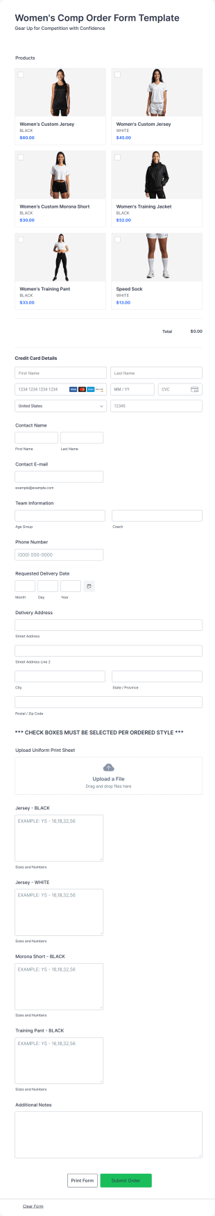 Women's Comp Order Form Template Form Template