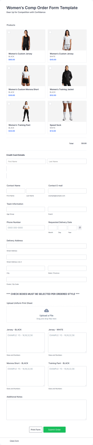 Women's Comp Order Form Template