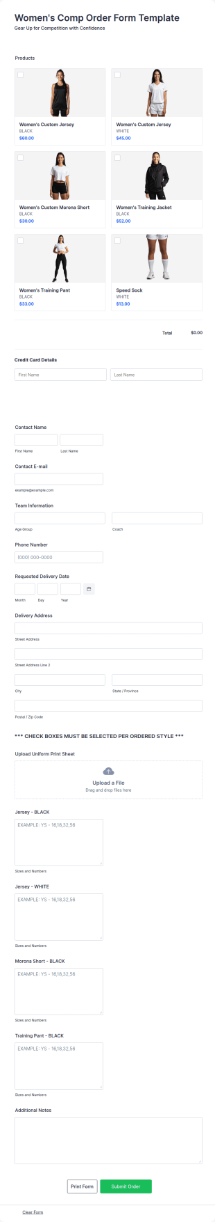 Women's Comp Order Form Template