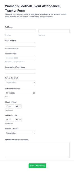 Women’s Football Event Attendance Tracker Form Template