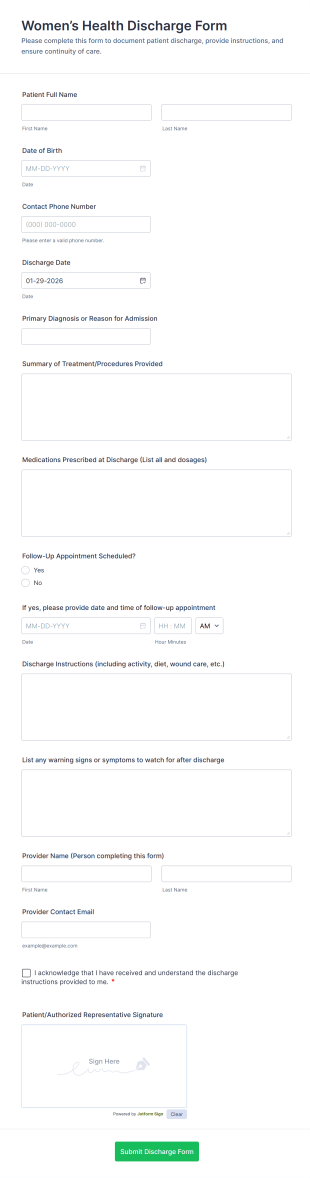 Women’s Health Discharge Form Template