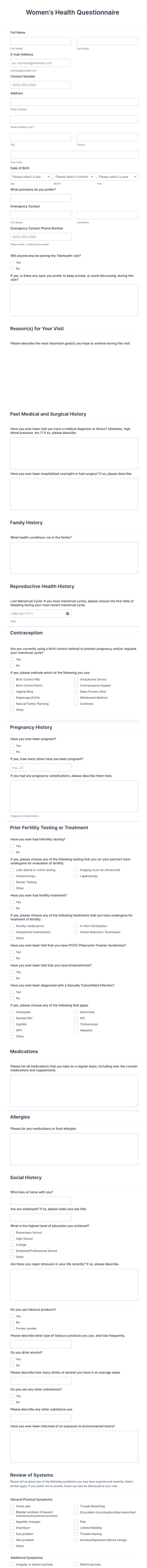 Women's Health Questionnaire Form Template