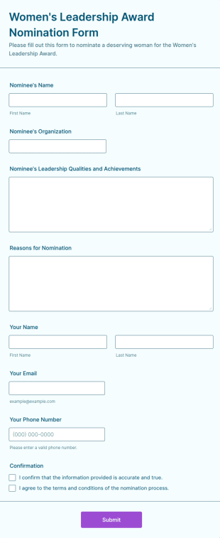 Women's Leadership Award Nomination Form Template