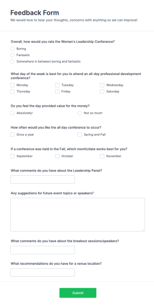 Womens Leadership Conference Feedback Form Template