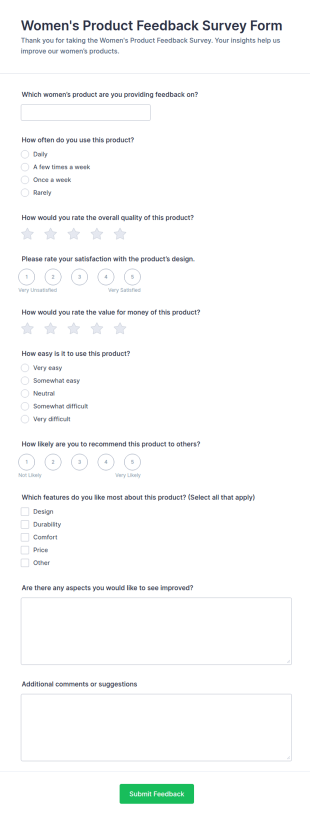 Women’s Product Feedback Survey Form Template